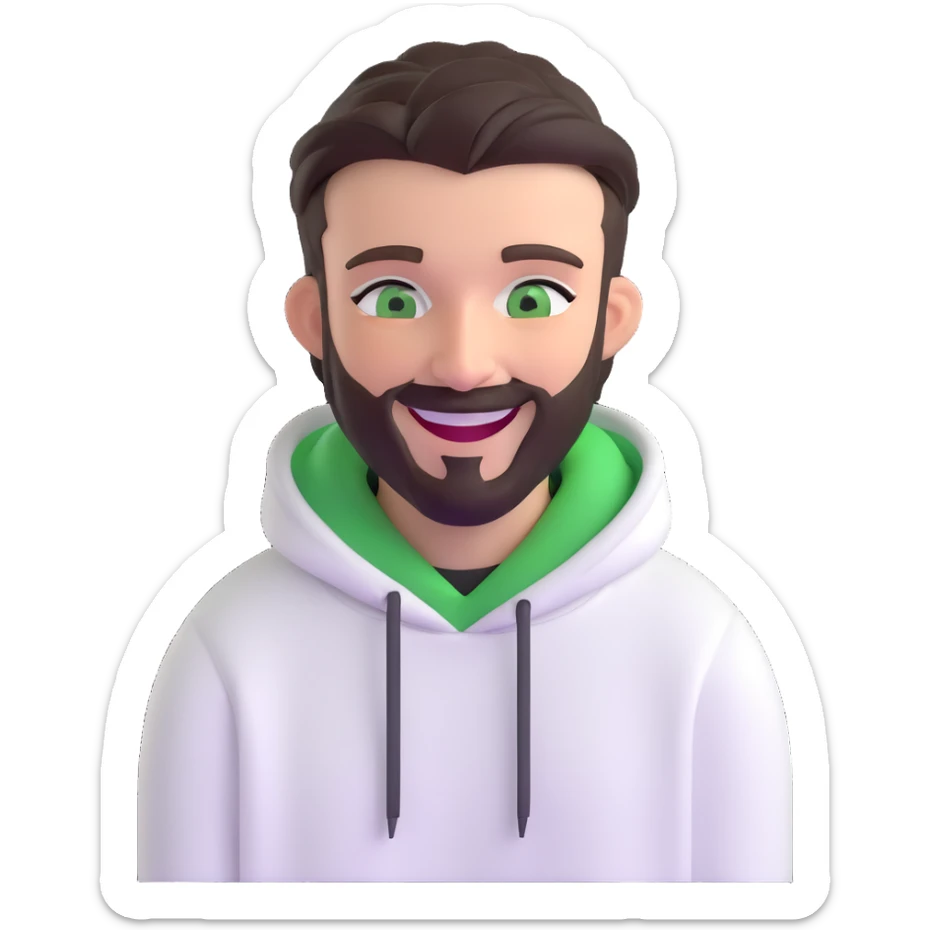 laughing guy with white hoodie, green eyes, dark brown undercut hairstyle and a short full beard sticker