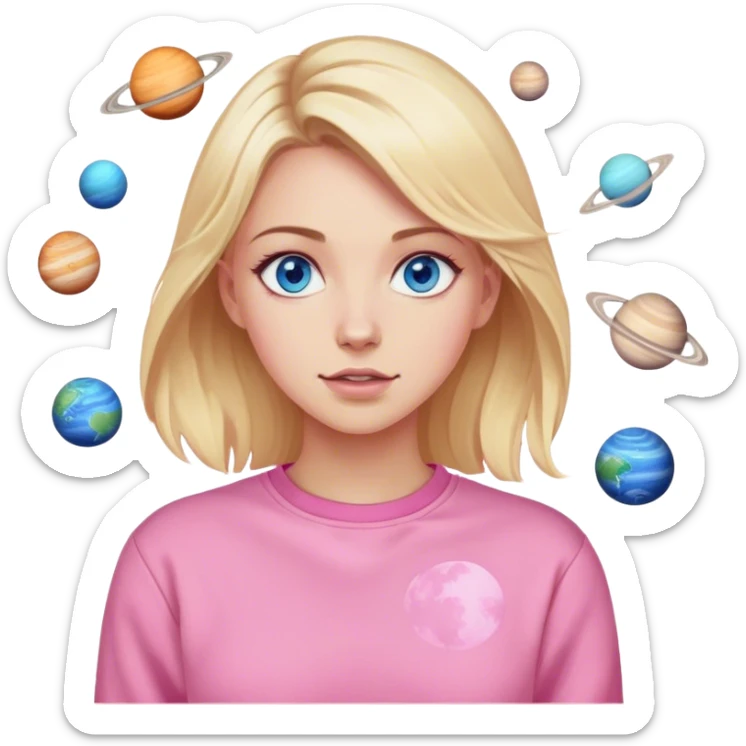 A blonde with blue eyes in a pink sweatshirt is standing, and the planets are spinning sticker