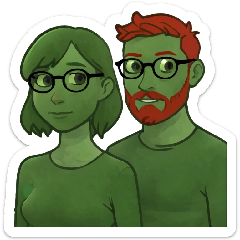 Brunette girl, with brown round glasses, and freckles and pale man with dirty blonde hair, freckles, blue eyes, and red beard. sticker