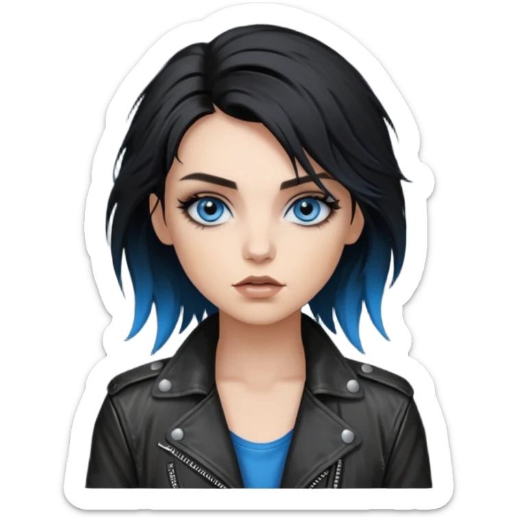 
 rockstar girl with black disheveled hair, blue eyes, Smokey eyes grunge makeup,  sticker