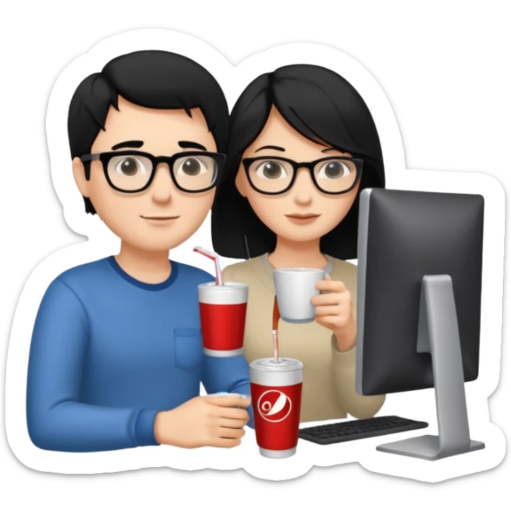 Hombre blanco con gafas, pelo negro tomando un refresco frente a un ordenador con ropa de sport, se ve en la pantalla del ordenador una mujer rubia tomando café sticker