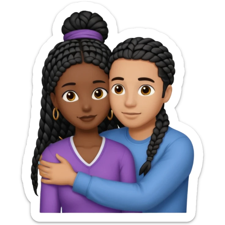 dark skin, black girl with black braids, hugging her middle eastern boyfriend with straight parted brown hair and light skin sticker