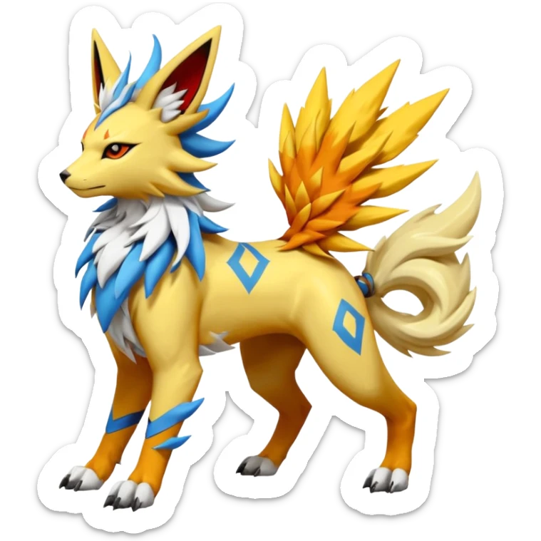 Feral Solgaleo-Jolteon-Cobalion-Renamon-Zeraora-Vernid-fusion-hybrid-creature, full body  sticker