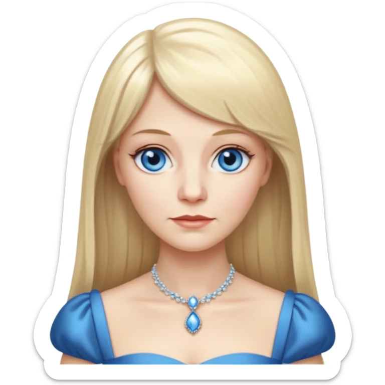 450 yr old white woman, pale skin, long straight blond hair parted in center, blue eyes, bangs, clothes for dinner sticker