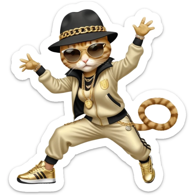 female cat in Run DMC hip-hop outfit with tracksuit, fedora, Adidas sneakers, dark sunglasses, many gold chains and bling accessories, doing a headspin break dance move sticker