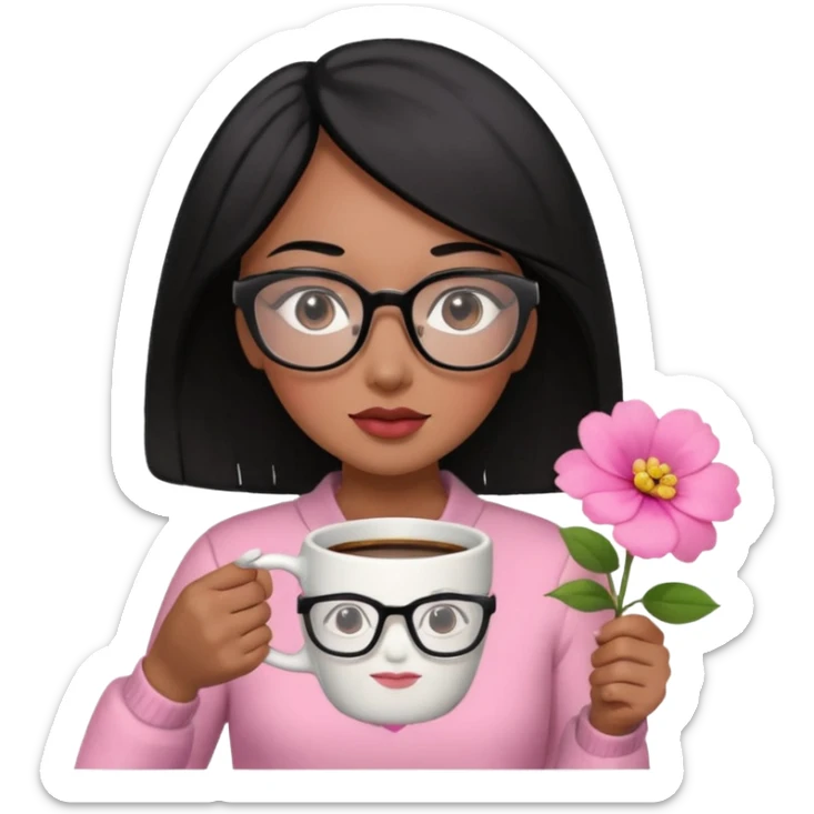 Chica de pelo negro ojos negros y piel morena con lentes oversize square GAFAS DE LEER BIEN GRANDES , en la mano derecha una taza de cafe en color rosa con una flor negra de diseno. Sentada mirando un drama koreano en la television.  sticker