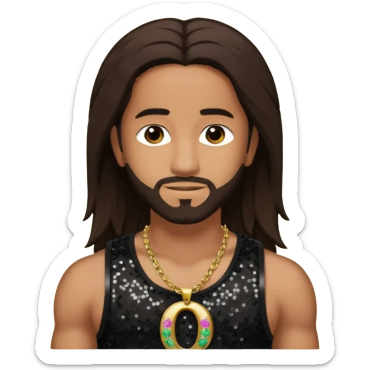 Omarion with long dark brown hair, dark brown sequin tank top, necklace with letter o sticker