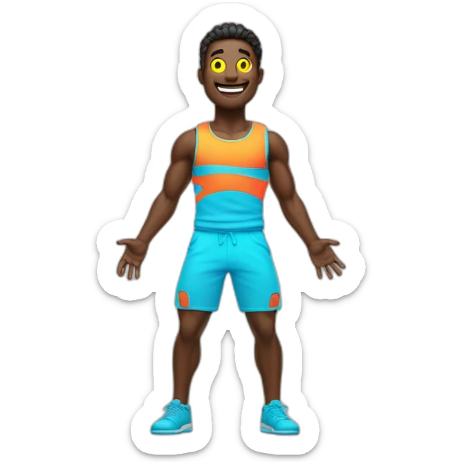 Fit, playful emoji-man with vivid neon glow, exuding a cheerful aura, and strong, lively posture.”  sticker