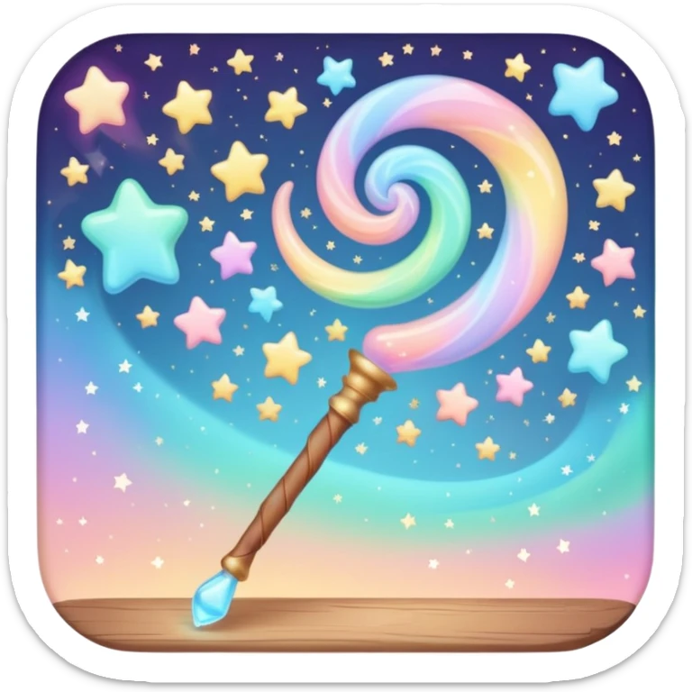 Cinematic cute magical wand, pastel swirls of color, tiny twinkling stars floating around, glowing softly, chubby rounded edges, whimsical and dreamy. sticker