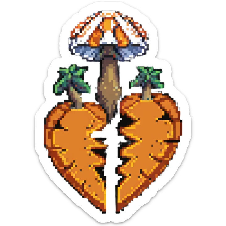heart split in half with a mushroom motif on one side and a pumpkin motif on the other, pixel art style sticker