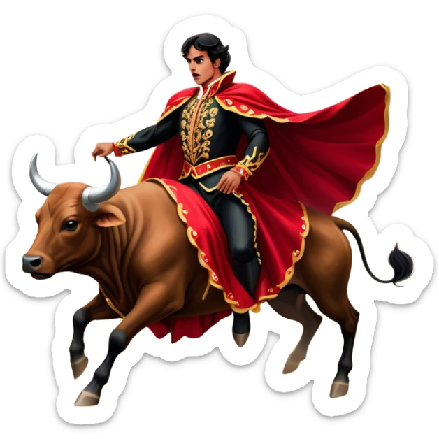 ​Cinematic Realistic Spanish Matador in Action, depicted in an ornate traje de luces with a flowing red cape, captured in the dramatic moment of confronting a charging bull in a traditional bullring, rendered with dynamic motion and dramatic lighting that encapsulates the intensity and artistry of the spectacle, sticker