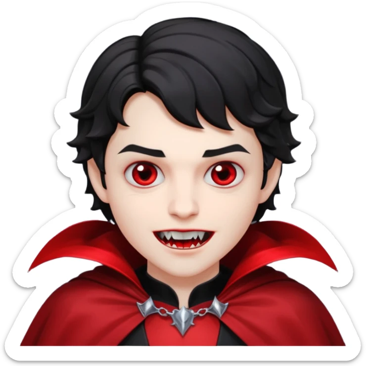 Pale skin, short black wavy hair, red and black cape. A traditional vampire look. sticker