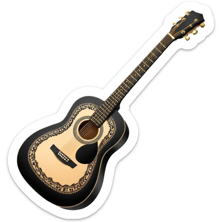 acoustic sunrise color guitar with black lacy-details and engraved small black music notes sticker