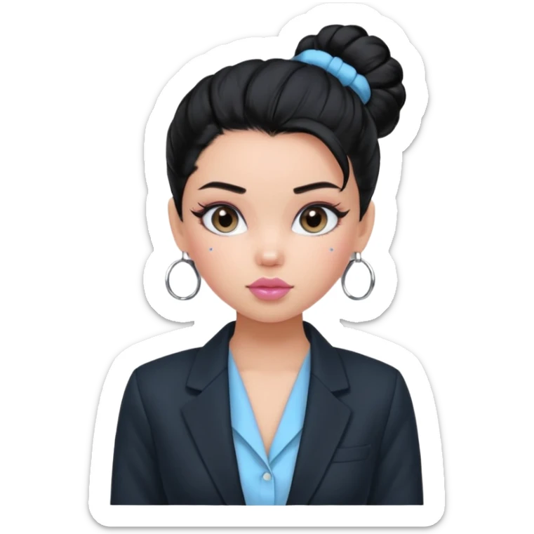 generate a pretty bratz girl with black hair tied up in a bun. wearing a light blue full sleeve shirt and a black blazer over it. silver small hoops, pink lipgloss.  sticker