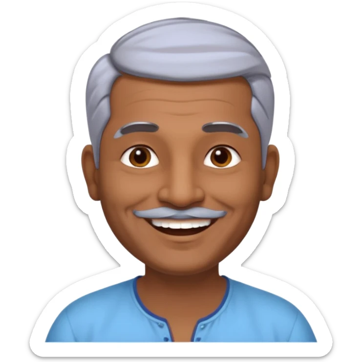 50 yr old indian man, dark skin, grey hair, big smile, white teeth, chubby, no moustache, clean shaven, young style hair, bindy, hair brushed back, stubble sticker