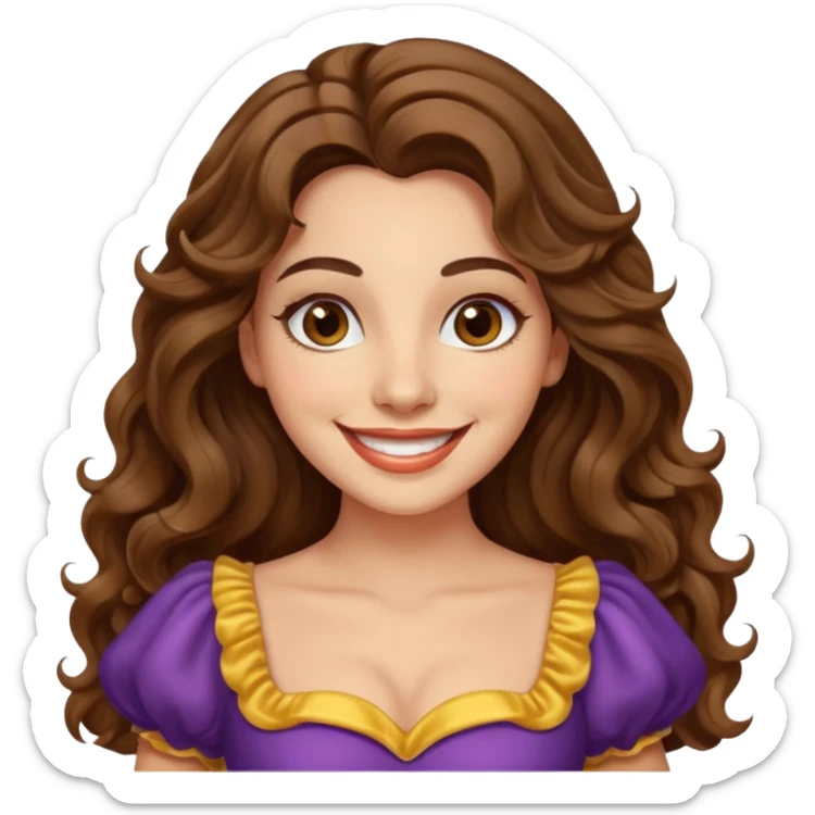 30 yr old italian woman, long brown wavy hair, big brown eyes, huge smile, fancy dress, no bangs,  sticker