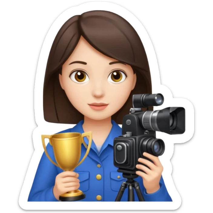 A brunette girl , she’s a proud and successful filmmaker 🍿🌍✨ she’s next to a camera, / holding awards  sticker