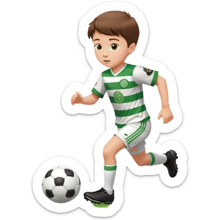 Celtic footballer jersey logo  6 years old brown hair white boy , brown eyes , stripes uniform , RUNNING  with soccer ball is number  17 celtic football logo  ONE CELTIC LOGO ONLY white shorts sticker