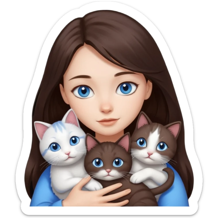 a pretty girl with long dark 
brown hair, with blue eyes, hugs 3 different natural coloured small cats sticker