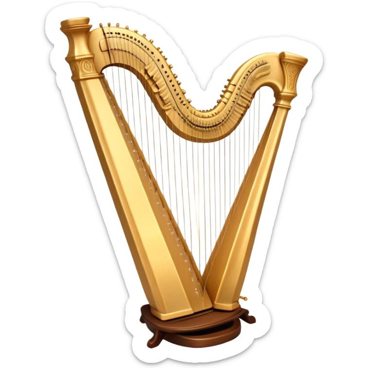 Cinematic Realistic Harp, a grand golden harp with intricately carved details, delicate strings shimmering under soft candlelight, rich wood tones adding warmth, a musician’s gentle fingers plucking a note, glowing with an ethereal and majestic aura. sticker
