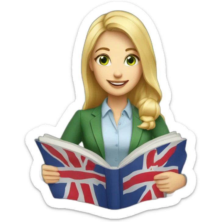 English teacher female with blonde hair and green eyes. with English book with usa flags sticker