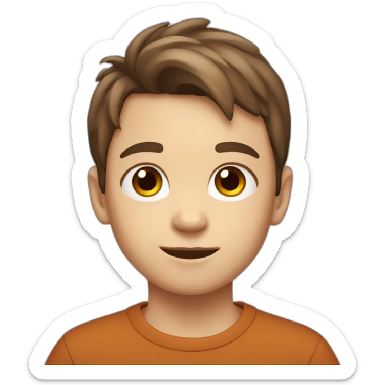 10 year old white boy with brown hair, wearing an ubuntu shirt sticker