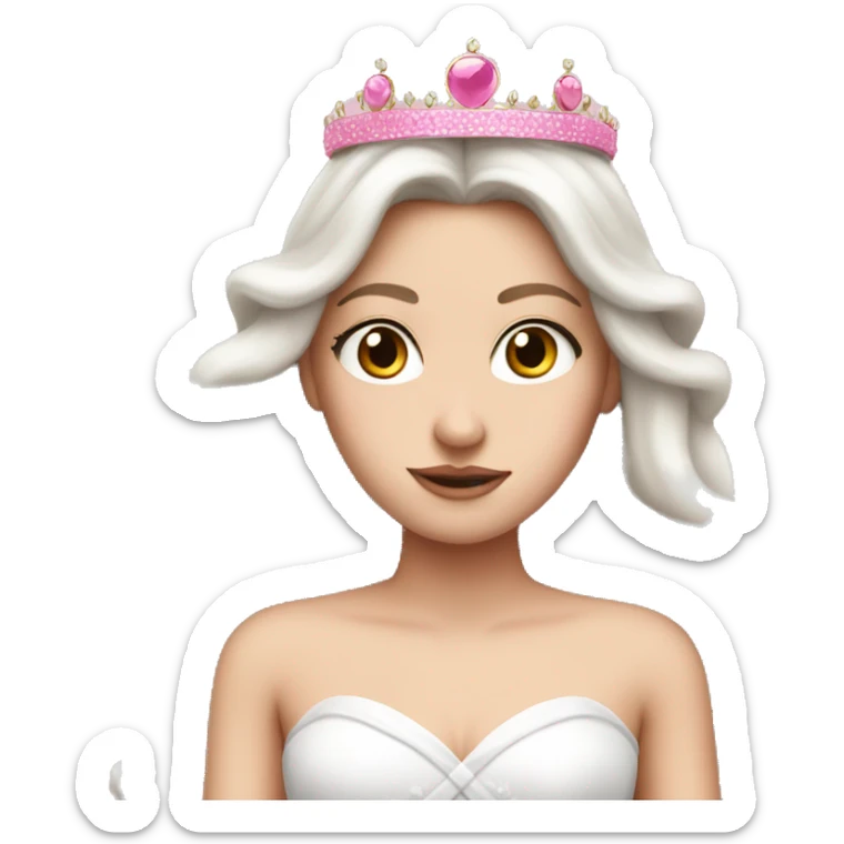 White girl with long hair as a bride wearing pink crown and pink bow on top of a head sticker
