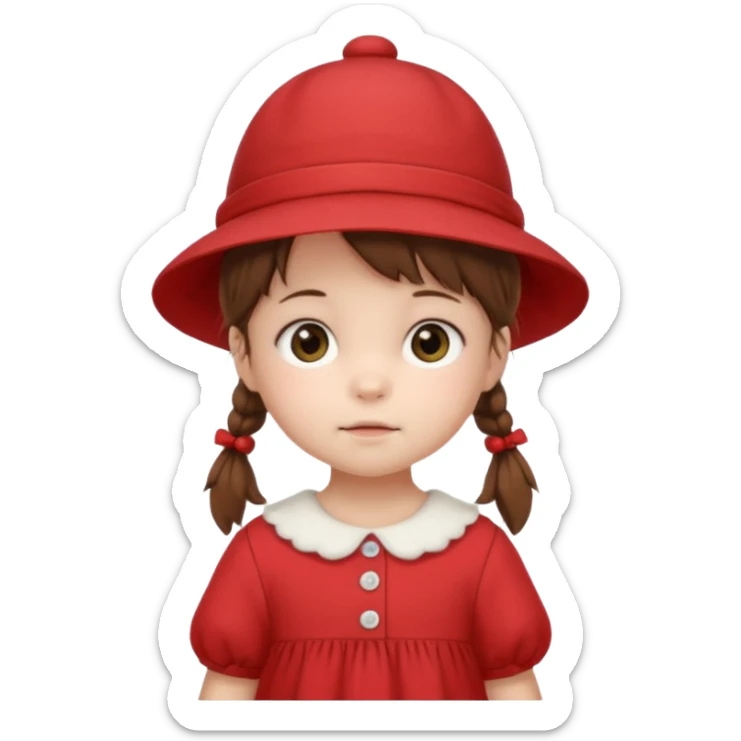 baby girl with brown hair and pigtails with a hat and red dress like My Neighbor Totoro movie sticker