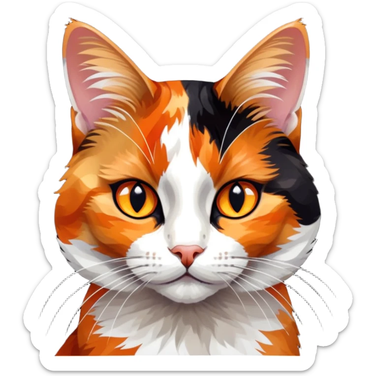cinematic-noble-calico-cat-portrait-emoji,-poised-and-regal,-with-a-striking-patchwork-fur-in-vibrant-orange,-black,-and-white-hues premoninantly black,-delicate-whiskers-and-a-refined,-relaxed-gaze,-simplified-yet-exquisitely-detailed,-glowing sticker
