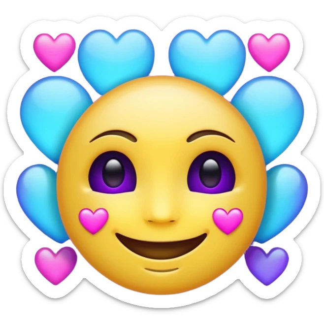 Futuristic glowing smiling face emoji with neon hearts instead of eyes, purple and blue holographic light, dark background sticker