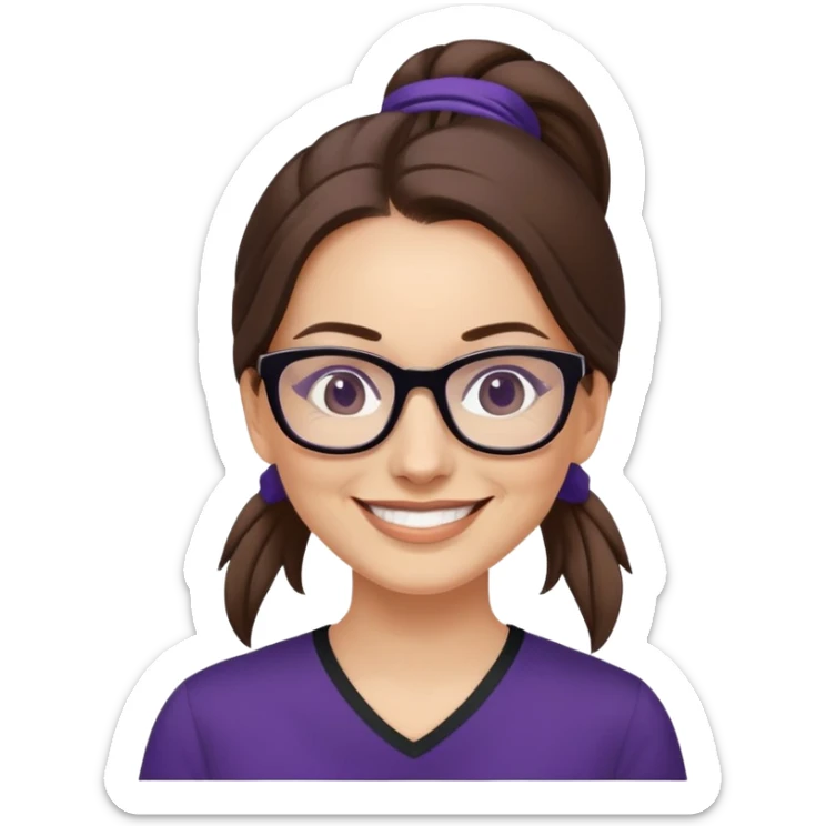 nữ 40 tuổi, da trắng, tóc dài được buộc gọn gàng màu nâu, mặt cười tươi vui vẻ, đeo kính màu đen, áo tím đậm sticker