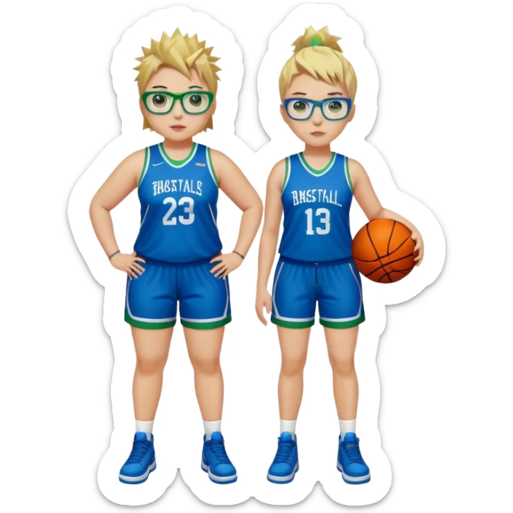 Full Body white plus size Girl with basketball spikey short brown and blonde hair  wearing blue glasses with green eyes wearing blue and green basketball uniform sticker