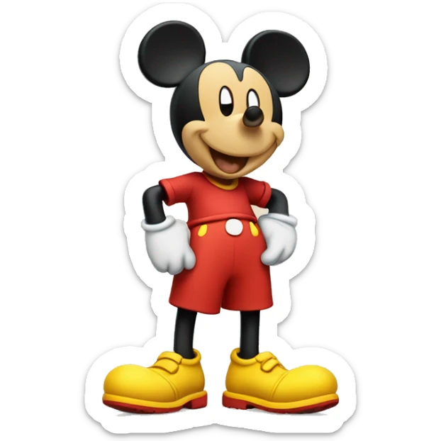 Mickey Mouse wearing red shorts and big yellow shoes, smiling happily. sticker
