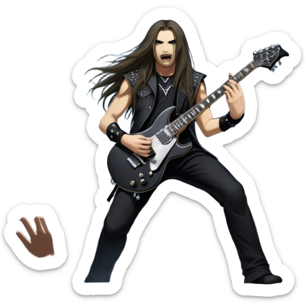 Icon for Heavy Metal: a metal band on stage, with electric guitars, drums, and a powerful vocalist. The atmosphere is intense with flashing lights, music notes, and a crowd of fans. The design should capture the energy and power of a live heavy metal performance. Transparent background. sticker