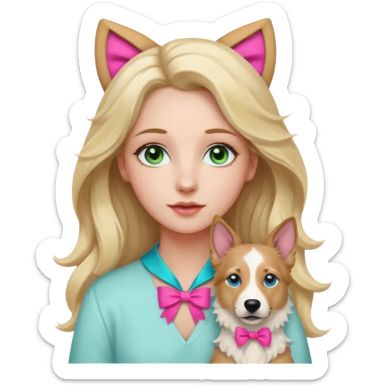 A white Long Wave blonde Hair Woman with blue-green eyes with a Brown eyed White Shepard with a little bit beige in then end of the ears and a lneom Link bow in neck in a lovely pose sticker