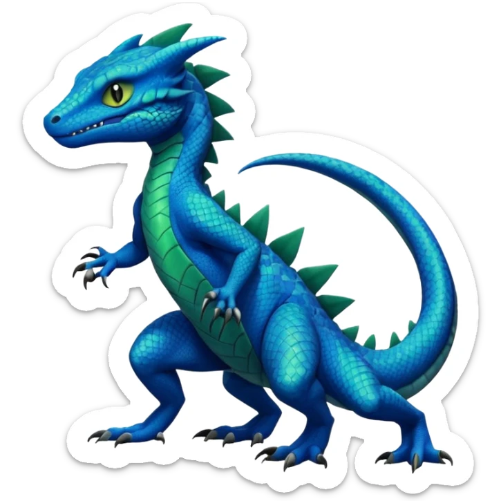 Cyan lizard-Draco-Nargacuga-Sergal-Salandit-Cyclizar-Pokémon, with cobalt-blue flecks patterns sticker