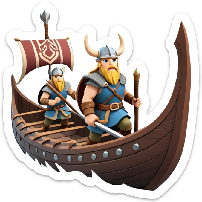 clash-of-clans-aesthetic_-cinematic-viking-longboat, rendered in a flat, bold vector style with minimal shading, featuring a striking dragon-headed prow slicing through icy, churning waters. shields on the side and vikings rowing The longboat’s intricately detailed shields and carved motifs evoke a sense of epic adventure and Nordic might, with billowing sails catching a dramatic, stormy sky backdrop. sticker