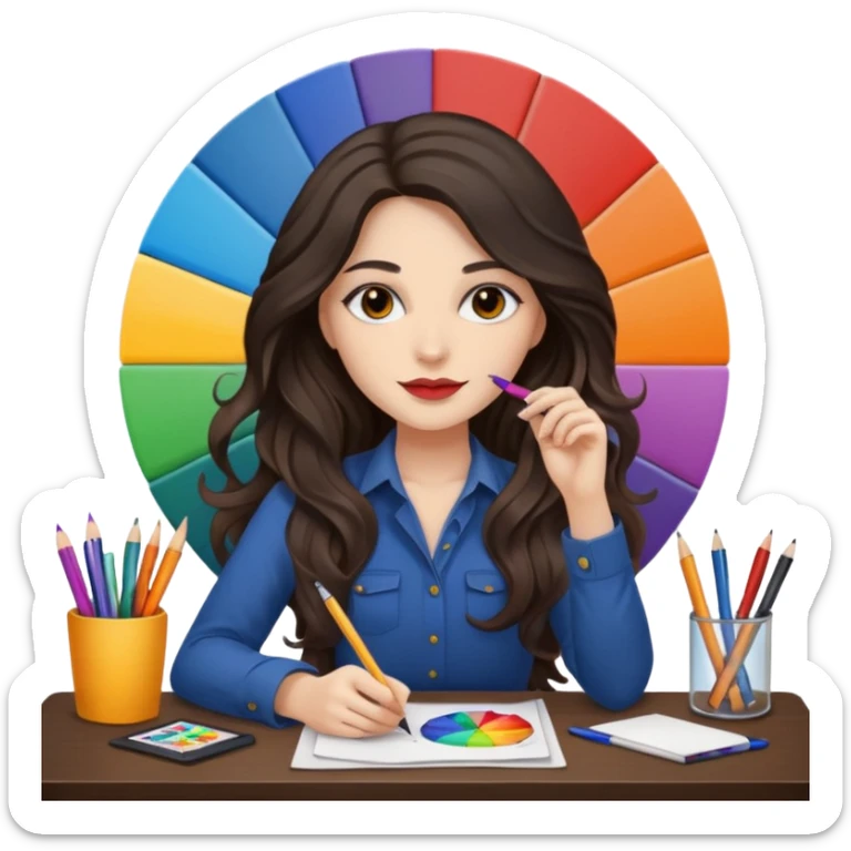 female dark wavy long hair graphic designer , color wheel, pens, papers, desktop sticker