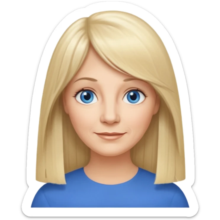 50 yr old white woman, curtain bangs, very long straight blond hair, oval face, small smile, blue eyes, thin face, hair downback, hair parted at center of head, round cheeks, pale, longer hair sticker