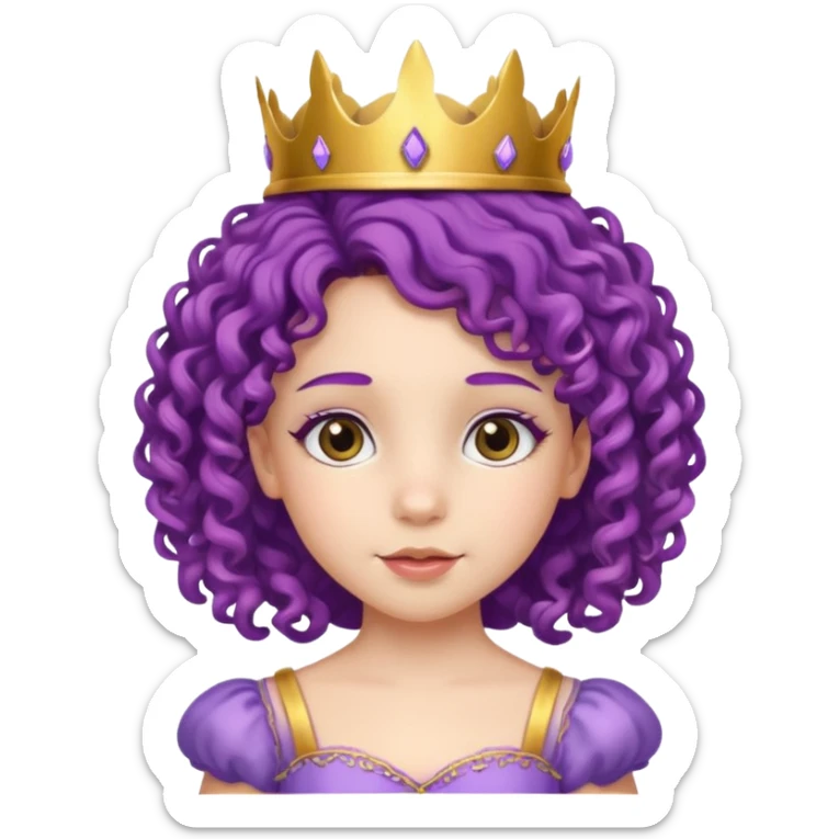 Princesses kid girl, with Gold Crown and flower on purple curly hair, with white dress sticker