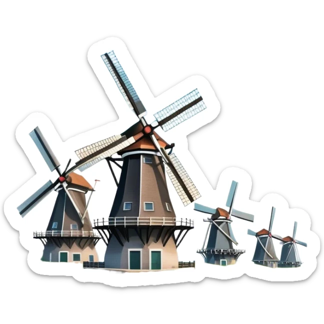 Cinematic Realistic Kinderdijk Windmills Landmark Emoji, depicted as a row of classic Dutch windmills set against a serene sky rendered with detailed textures and soft natural lighting. sticker