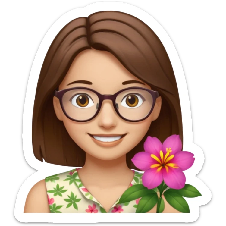 Hawaii female with fair skin. Shoulder length straight brown hair. Brown eyes with glasses. Hawaiian Flower in hair sticker