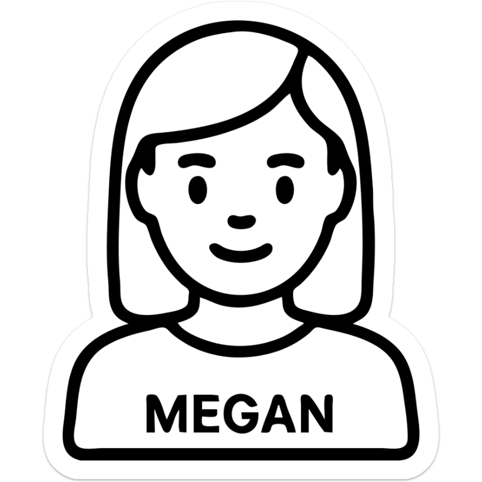 icon of a woman named Megan, outlined style, friendly expression, minimal details, suitable for digital use sticker