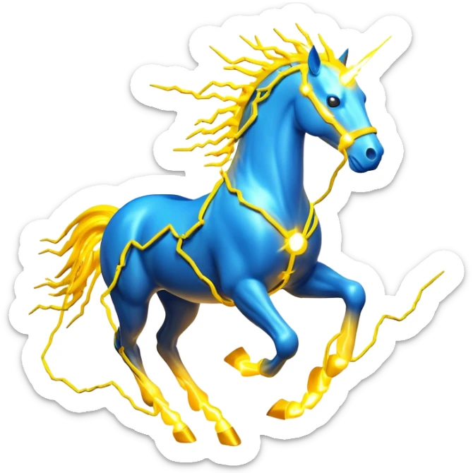 3D yellow electric horse made of lightning bolts, yellow electric wires, blue electricity sparks, dynamic running pose sticker