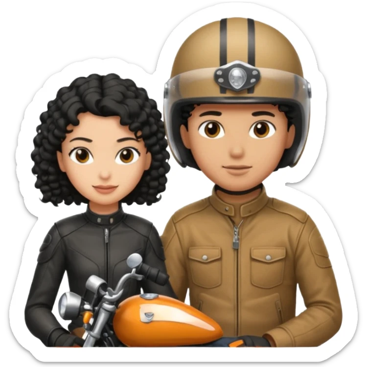 A man motorcyclist and a shorter girl with curly black hair, facing each other. sticker