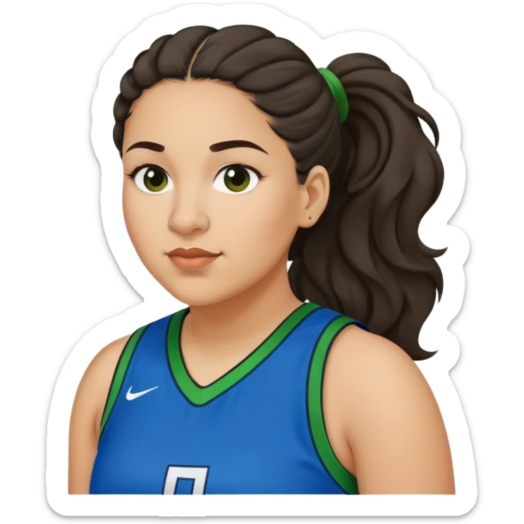  plus size light skin latino women basketball player with wavy dark hair in pony tail flat wide nose wearing blue green  uniform sticker