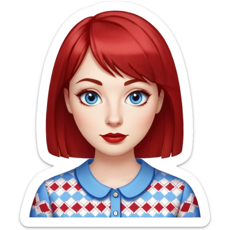 Woman in her 30s with clear white skin, oval face, large blue eyes with eyeliner, thin eyebrows, small nose, medium lips with red lipstick, dark red straight hair with bangs, wearing a red and white patterned shirt, friendly expression sticker