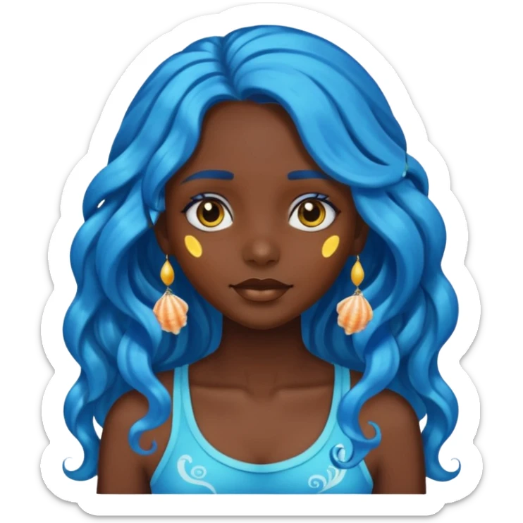 head of a dark skinned girl with shiny wavy long blue hair decorated with sea shells, emoji style sticker