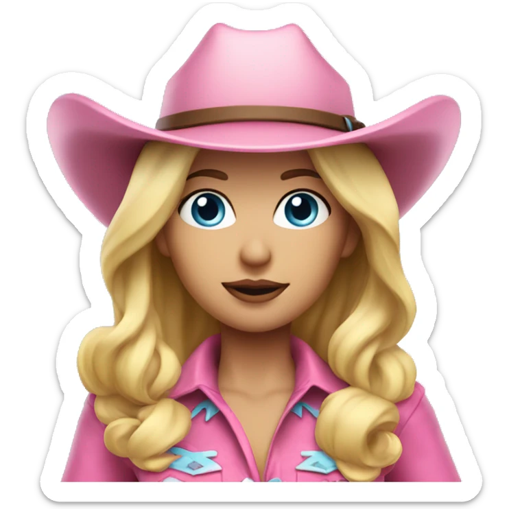 Blonde cowgirl, waist up, blue eyes, pink outfit and hat sticker