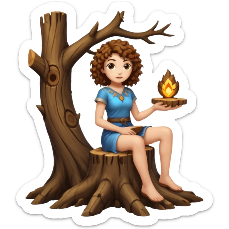 full body woman short curly brown mullet hair brown eyes white skin sitting on tree stump carving glowing rune sticker